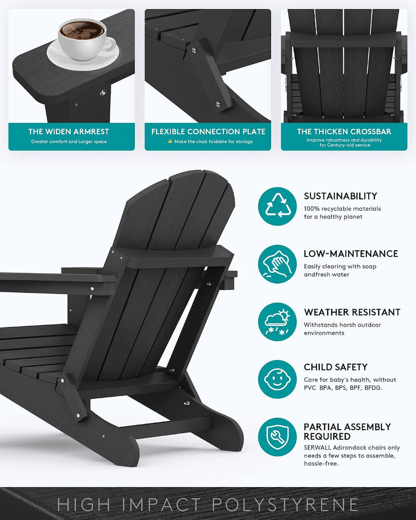 Folding Adirondack Chairs with Cup Holder, Outdoor Fire Pit - Black | Foldable Adirondack Chair with Wood Texture