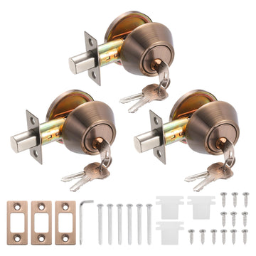 Door Lock Set with Single Cylinder Deadbolt (2" Red) (3Set) Round