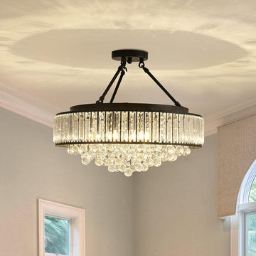 6-Light Modern Large Crystal Chandelier Black Metal E26 Semi Flush Mount Round Light Fixture Ceiling Lamp Farmhouse