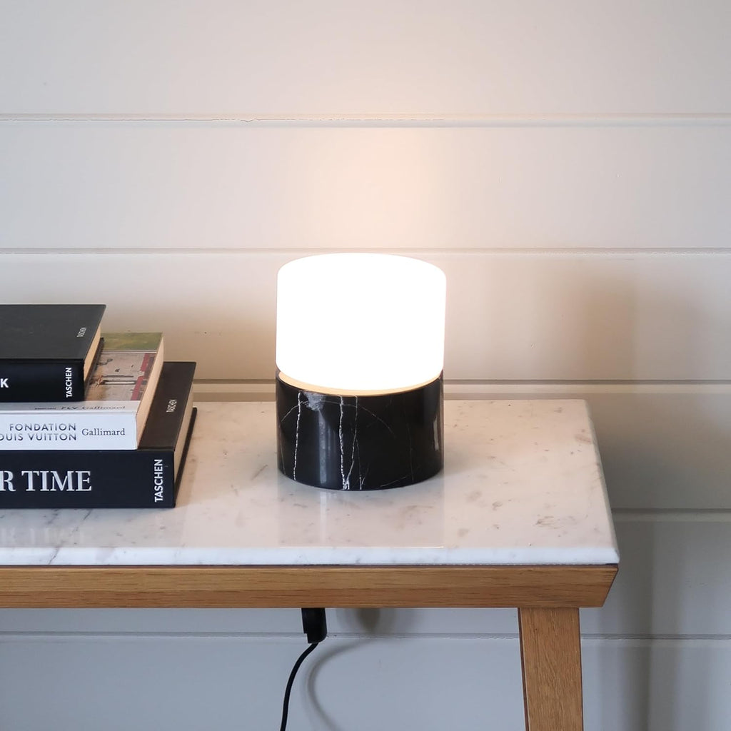 Zigzag Desk Lamp - Small Dimmable LED Black Marble Table Lamp, Rotatable Frosted Glass Shade