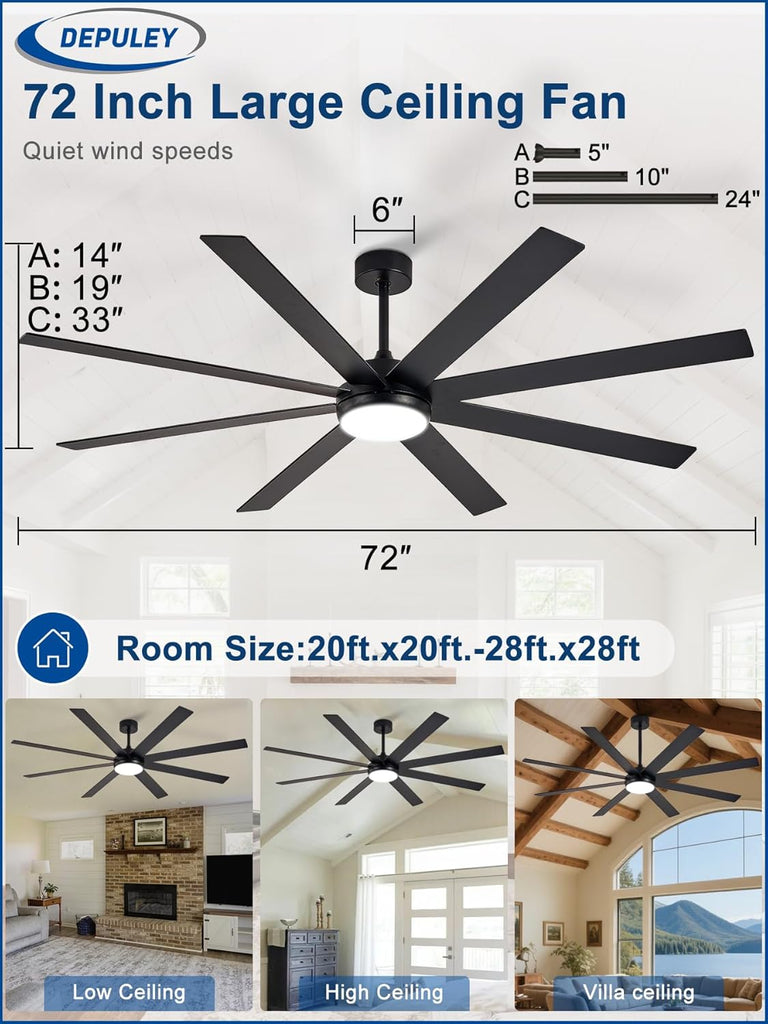 72" Ceiling Fans with Lights: Black Indoor/Outdoor Ceiling Fan for Patios Living Room - 8 Blades Dimmable Large