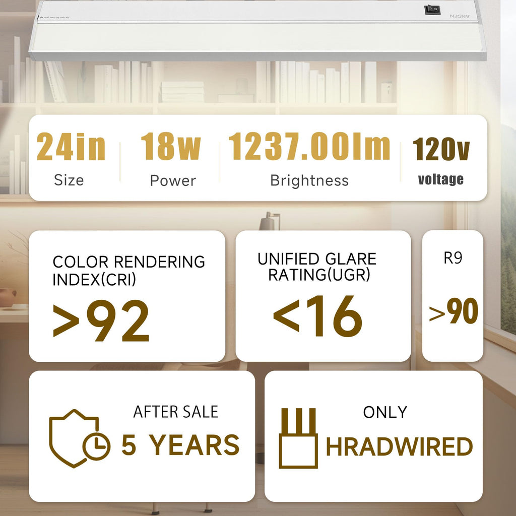 Hardwired Under Cabinet Lighting, 24in 18W LED Light /Closet, 1237lm, CRI>92, R9>90, 5 Color Temperature, Dimmable