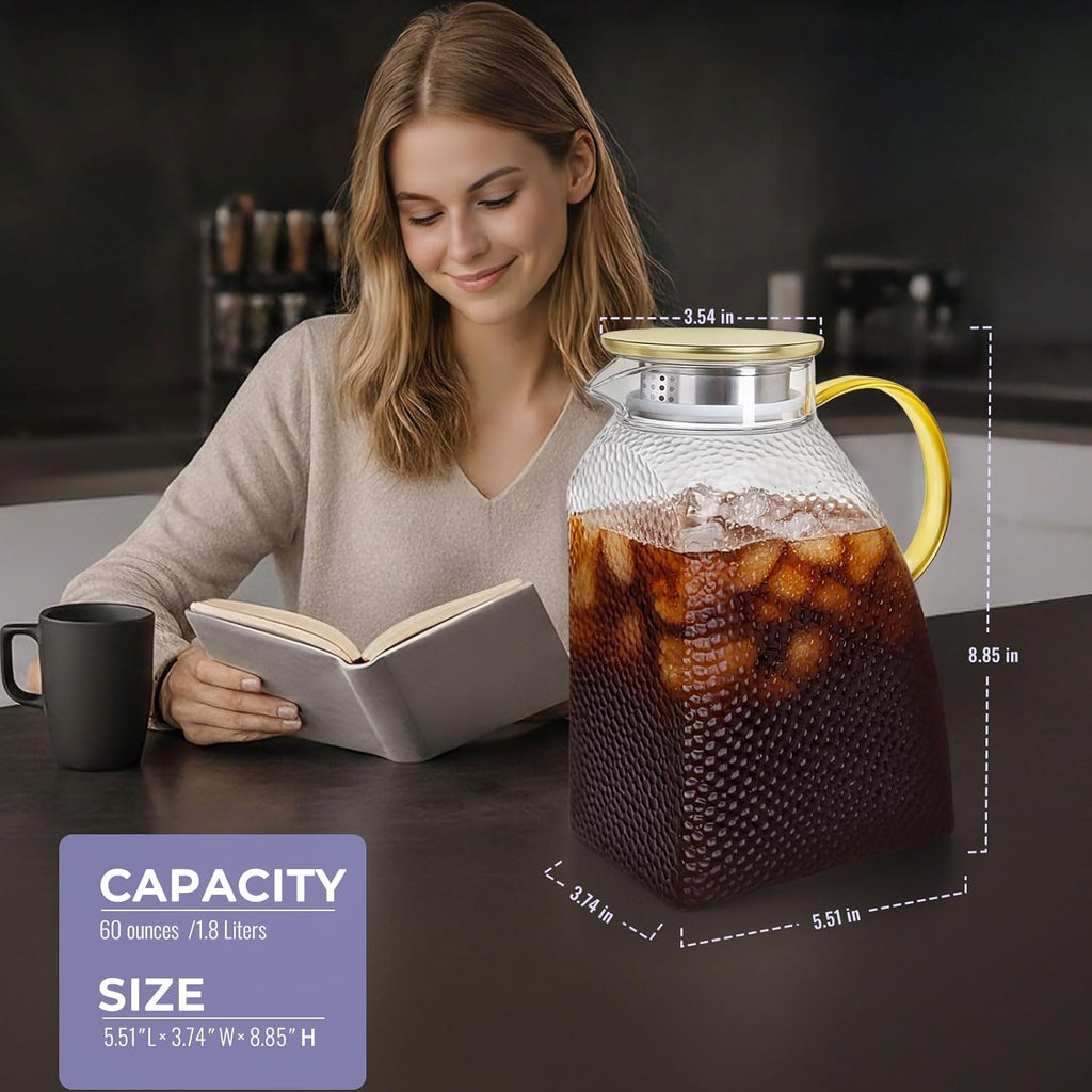 Glass Pitcher With Lid and Spout, 1.8 Liter 60 oz Glass Pitchers With Handle And Lid, Jug Water Pitchers For Fridge