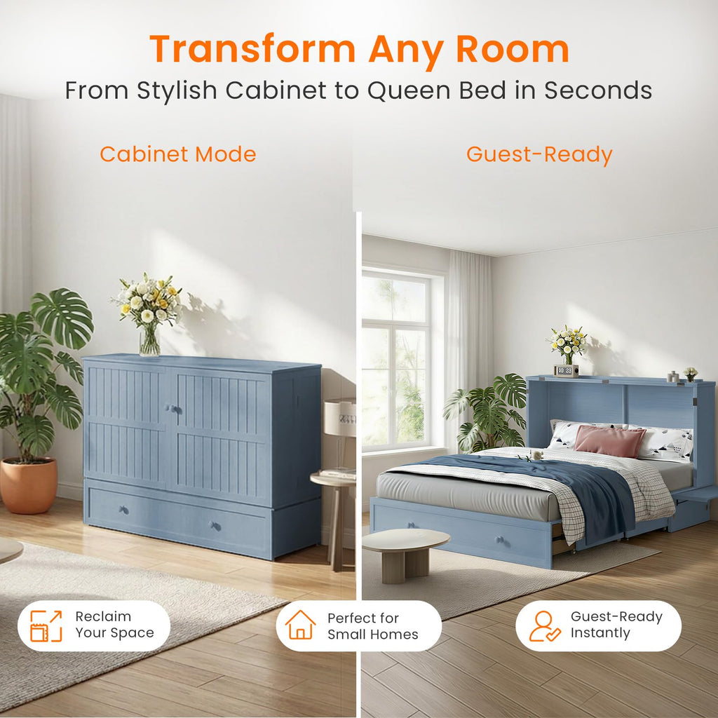 Murphy Bed Queen Mattress - Guest Room Bed Cabinet with Storage