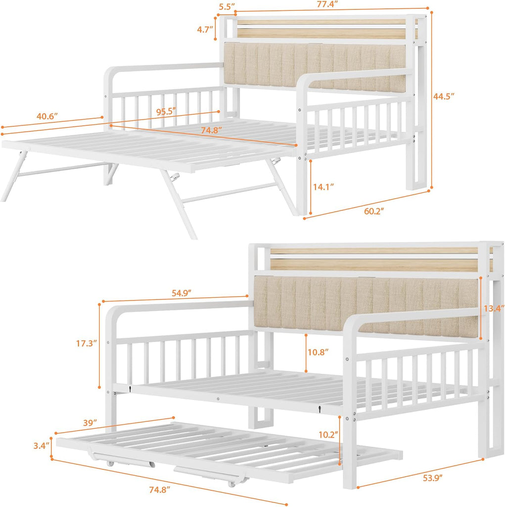Daybed with Trundle and LED Light, Heavy Duty Metal Full Bed Frame with Upholstered Storage Headboard & Charging
