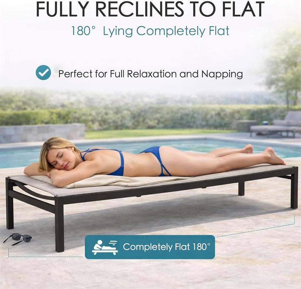 Outdoor Chaise Lounge, Powder-Coated Aluminum Frame | Textilene Fabric, Adjustable Reclining Patio Lounger (Beige)