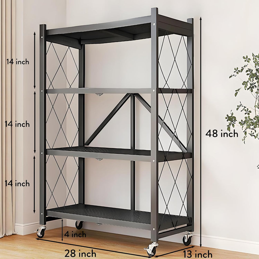 4-Tire Storage Shelves Organizer, Foldable Metal Garage Shelving, Portable Closet Shelving Unit, 28" x 13" x 48"