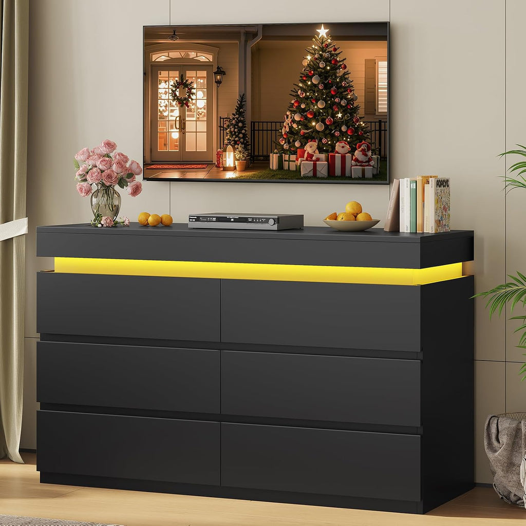 6 Drawer Dresser with LED Light,Black | Modern Chest of Drawers ,Closet Dressers with Drawers forLiving