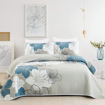 3 Pieces Quilt Set Floral Pattern Coverlet Elegant Boho Bedspread with 2 Pillow Shams Lightweight Microfiber