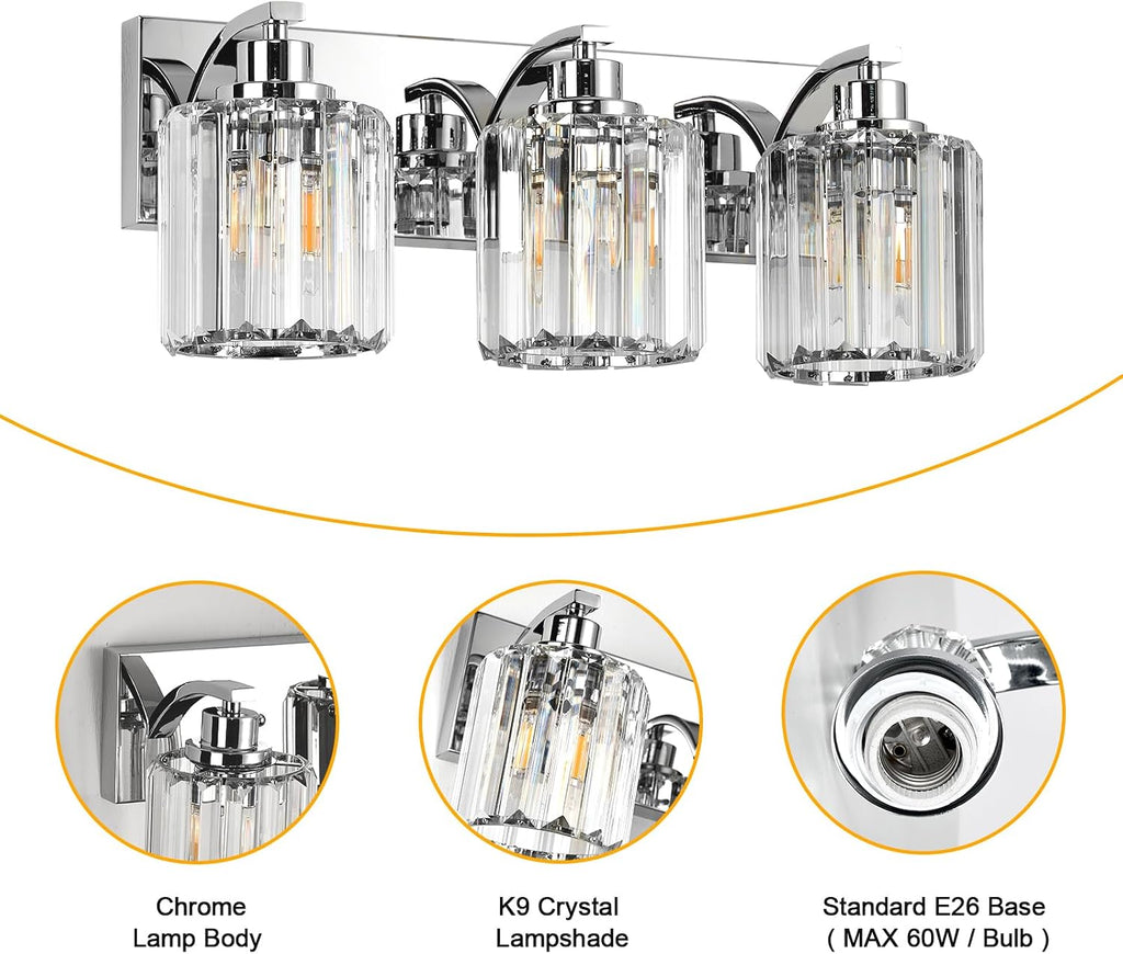3 Lights Crystal Bathroom Vanity Light Modern Chrome Bathroom Light Fixture Bathroom Lighting Fixtures Over Mirror