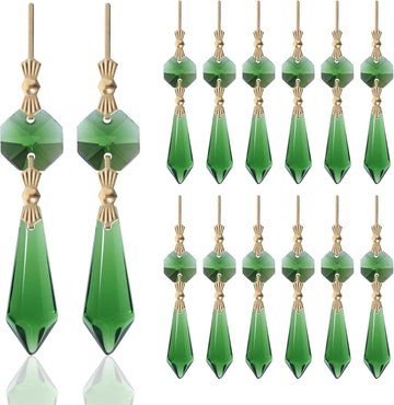 20pcs Green Crystals Prisms Glass Tip Beads Replacement Chandelier Icicle Drop Pendants Octagon Crystal Beads Gold