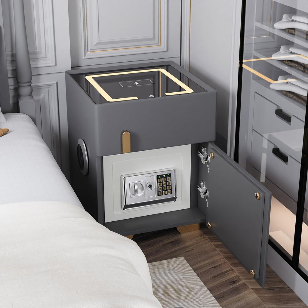 Smart Nightstand with Drawers and Safe,Nightstand with Wireless Charging, Modern Bedside Table with Strongbox, USB
