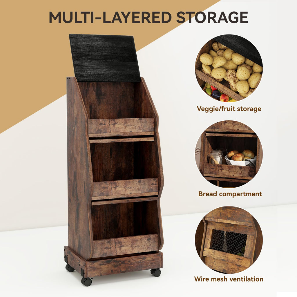 Potato and Onion Storage Bin Rustic Movable Bread Box with Wheels