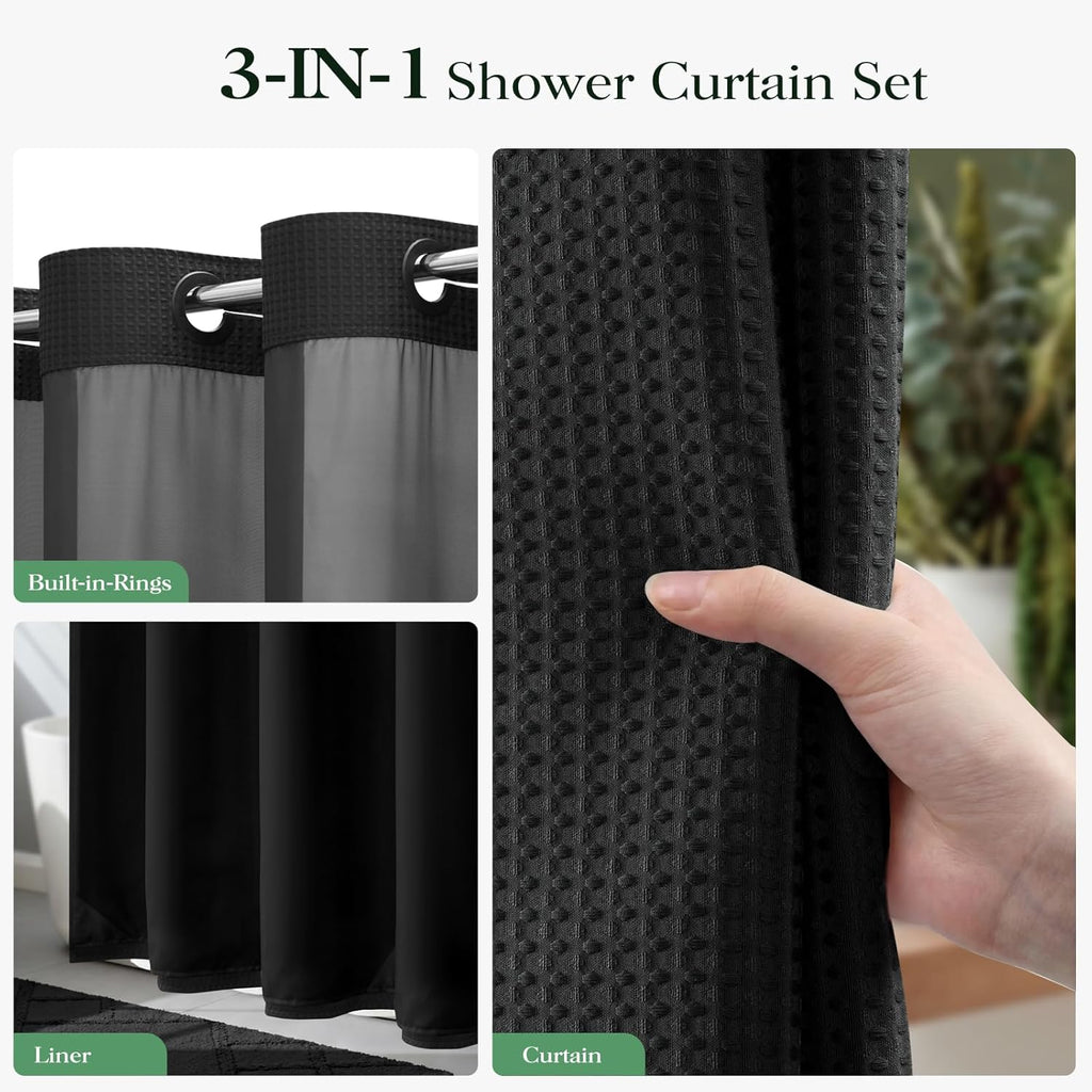 Black Hook Free Waffle Shower Curtain & Snap-in Fabric Liner,72x75 | Less Time to install, 3 in 1 Fabric Shower