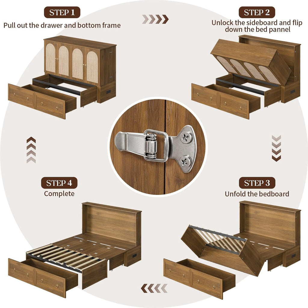 Queen Murphy Bed with Charging Station - Rattan Queen Bed Frame with Storage Drawers, Wood Cabinet Beds for Guest