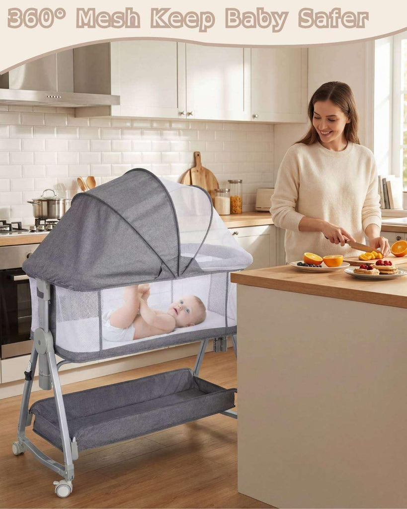 Bedside Bassinet for Baby, Sturdy 3 in 1 Bedside Sleeper with Mattress & Wheels, Height Adjustable, Breathable Mesh