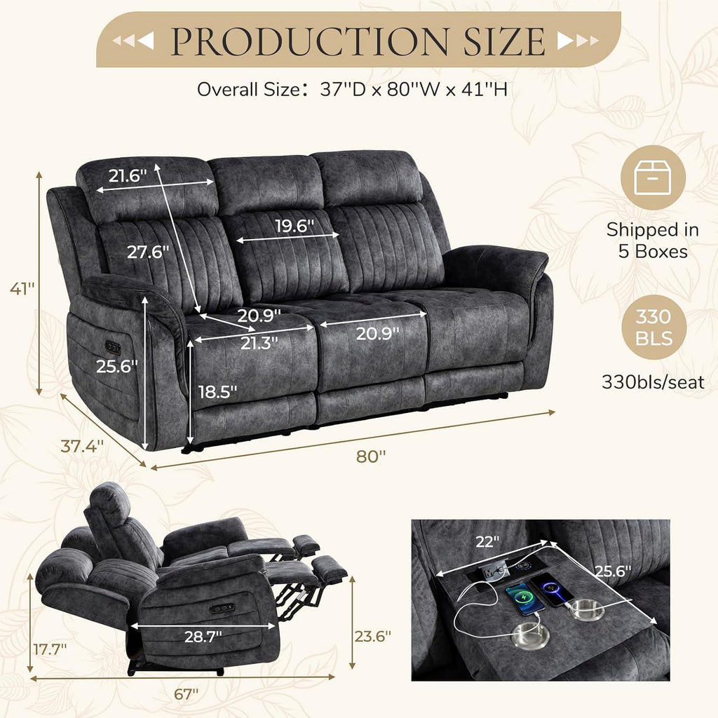 Power Reclining Sofa with Zero Gravity, Adjustable Headrest, Electric Reclining Couch with Wireless Charge, Outlets