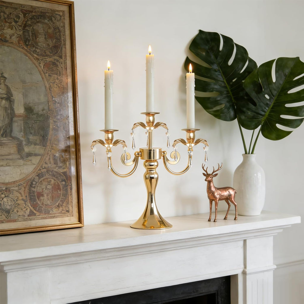 Metal 3 Arm Candelabra with Crystal Pendants - 11.8 Inch Tall Candle Holders, Set of 2 - Elegant Taper Candlestick