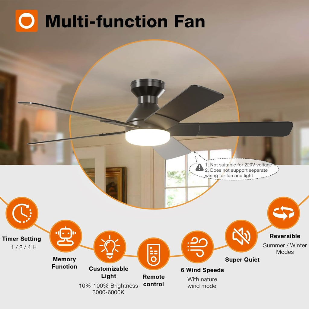 Ceiling Fans with Lights, 52 inch Low Profile Ceiling Fan with Light and Remote Control, Flush Mount, Reversible, 3CCT, Dimmable, Noiseless, Black Ceiling Fan for Bedroom, Indoor/Outdoor Use