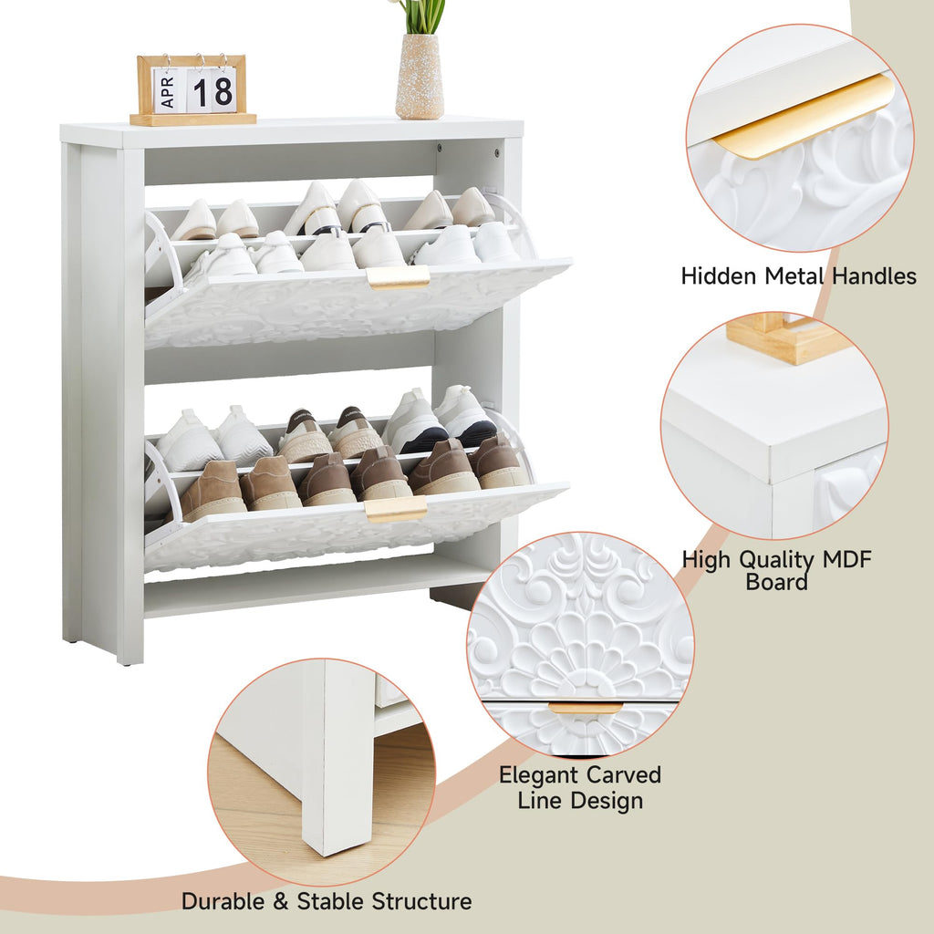 Shoe Cabinet Set of 2, 2-Tier Flip-Drawer Storage (White, 2)