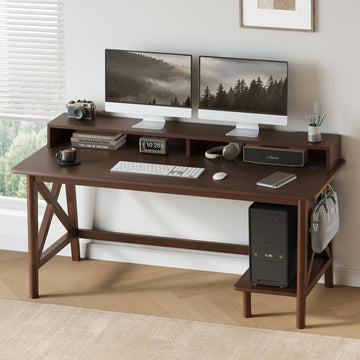 Solid Wood Computer Desk - 60 inch Modern Work Study Table, Walnut