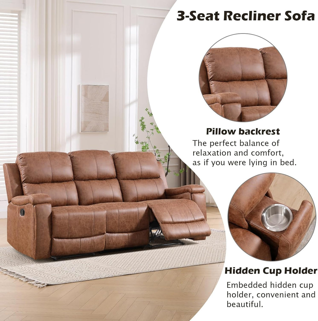 Faux Leather Manual Reclining Sofa,3 Seat Recliner Couch Sofa with Overstuffed Arms and Back,Manual Recliner