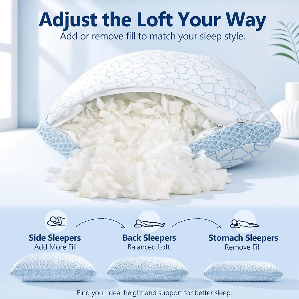 Enhanced Cooling Pillows for Sleeping, CertiPUR-US Shredded Memory Foam Pillows King Size Set of 2 for Hot Sleeper