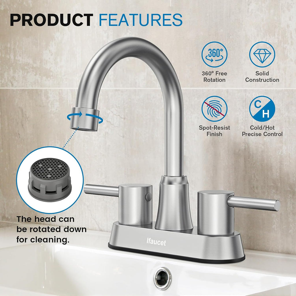 Bathroom Faucets, Bathroom Faucet 3 Hole, Bathroom Sink Faucet, Faucet for Sink 4 Inch 2 Handle Centerset, Lead-Free