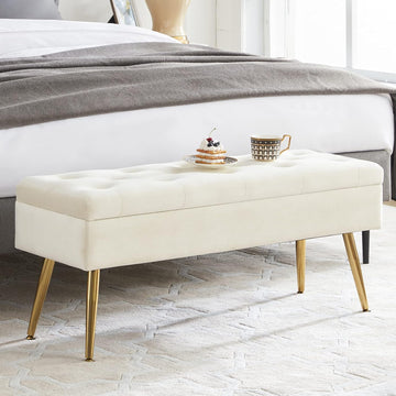 Bench Storage Ottoman Bench with Storage for End of Bed Entryway Cream Velvet