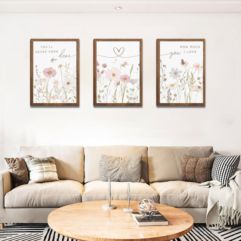 Rustic Floral Wall Art Set of 3, Watercolor Wildflower Prints with Heart Line and Inspirational Quotes Neutral