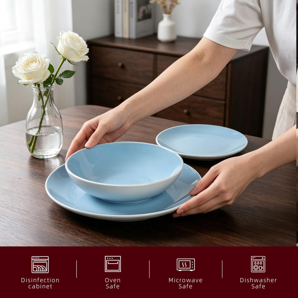 Stoneware Coupe Shape 18pc Dinnerware Set, Outside White + Inside Blue