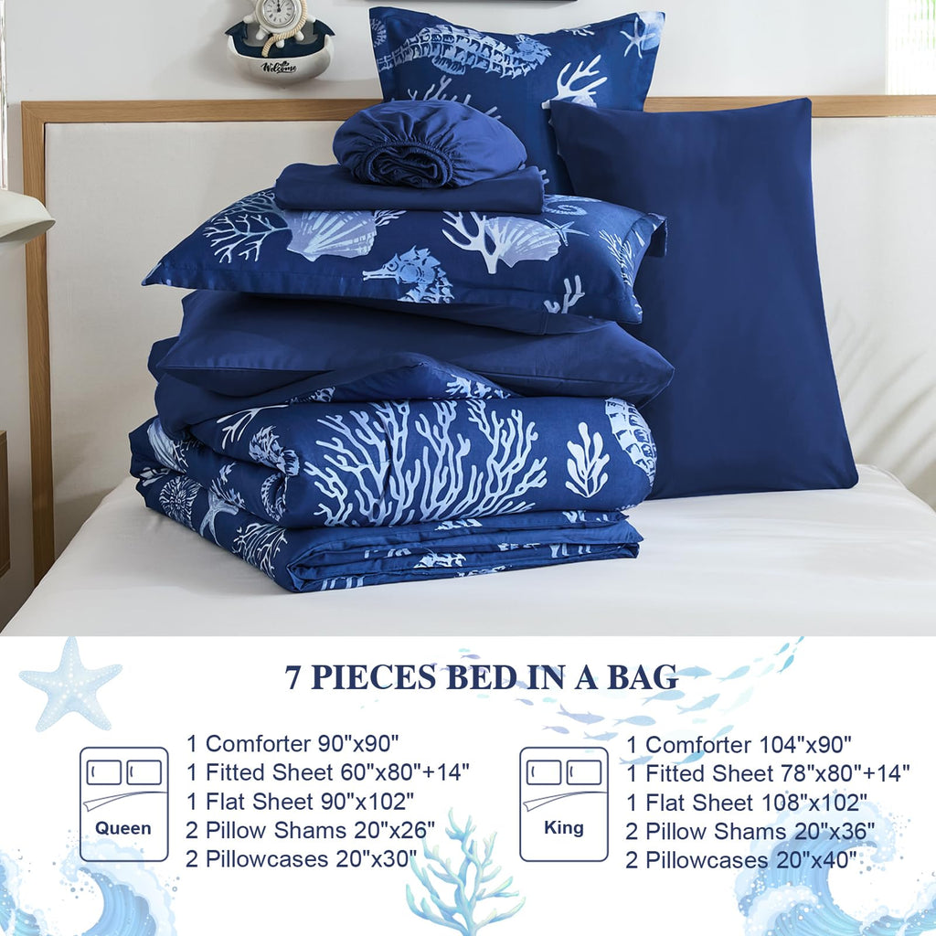 Coastal Queen Size Comforter Set 7 Piece, Soft Beach Themed Comforter Ocean Nautical Navy Bedding Sets for All Season