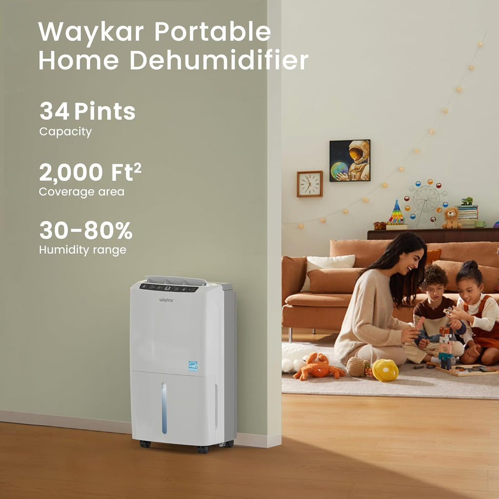 2000 Sq. Ft 34 Pints 2025 Most Efficient Energy Star Dehumidifier for Home and Basement with Auto or Manual Drainage