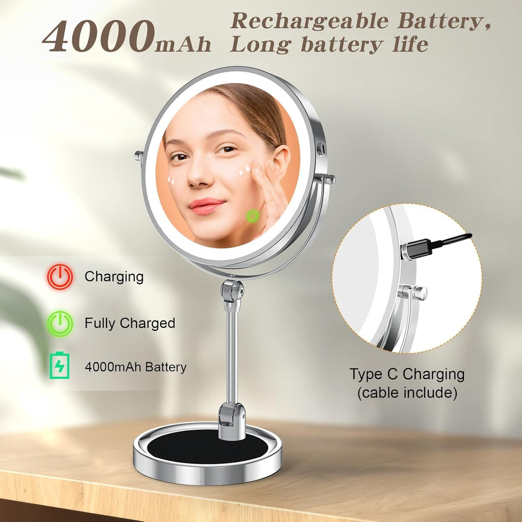 Tabletop Makeup Mirror with Built-in Vanity Tray, 9" Rechargeable 4000mAh Lighted Vanity Mirror 1X/10X Magnification
