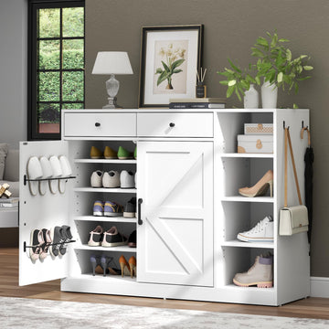 5-Tier Shoe Cabinet with 4 Side Cubbies, Farmhouse Shoe Rack Cabinet with 6 Adjustable Shelves & 2 Drawers