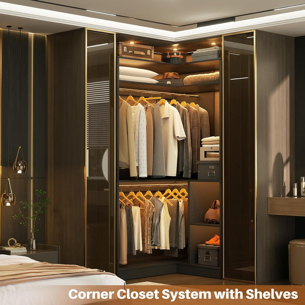 Corner Closet System with Shelves, Closet Organizer System with Hanging Rods, Wood Walk-in Closets for Corner Small