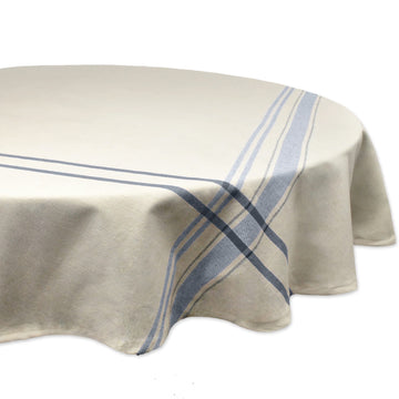French Stripe Dining Table Collection Farmhouse Style Tablecloth, 70 Inches Round, Taupe/Blue