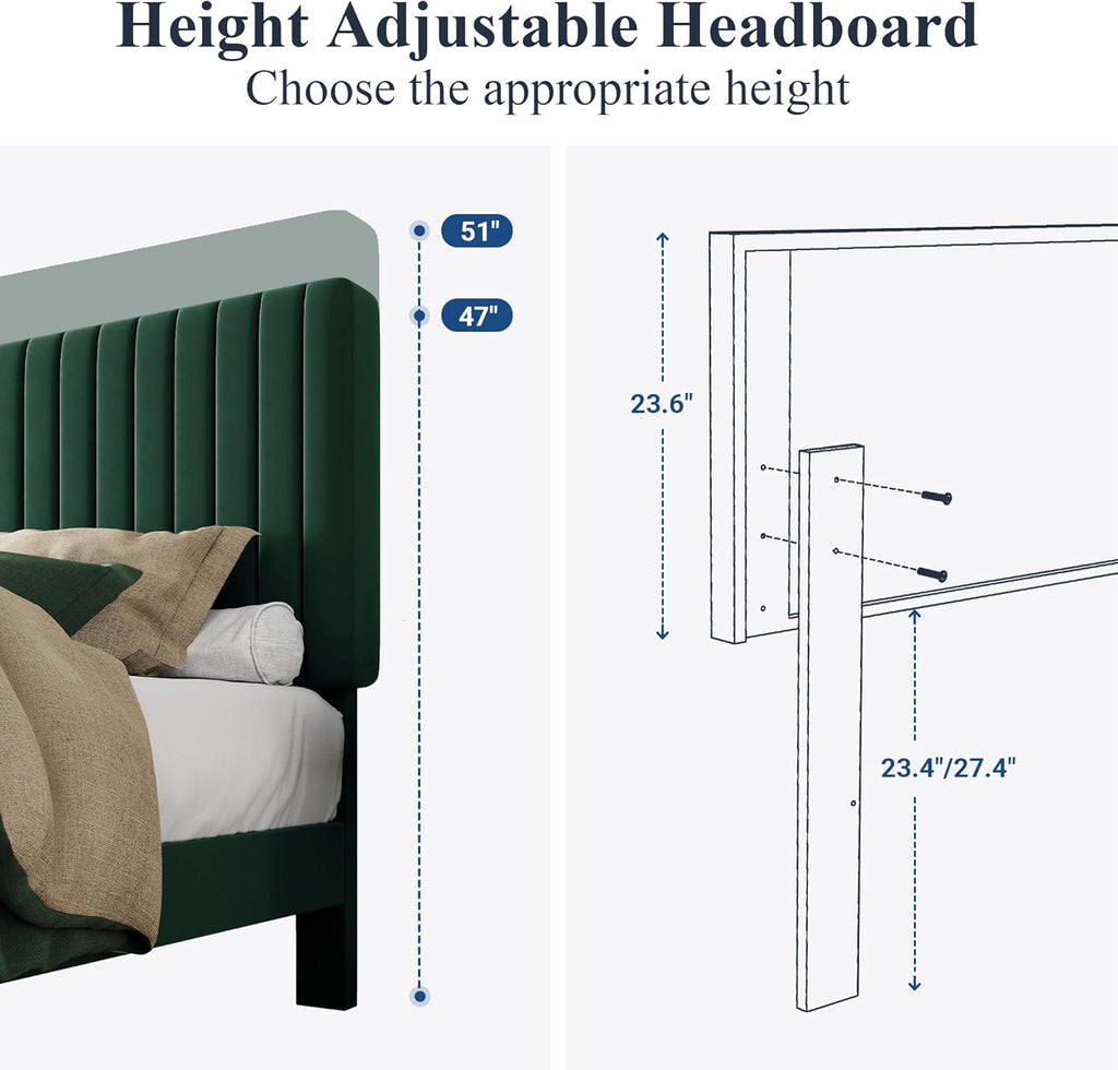 Queen Bed Frame, Velvet Upholstered Platform Bed with Adjustable Vertical Channel Tufted Headboard