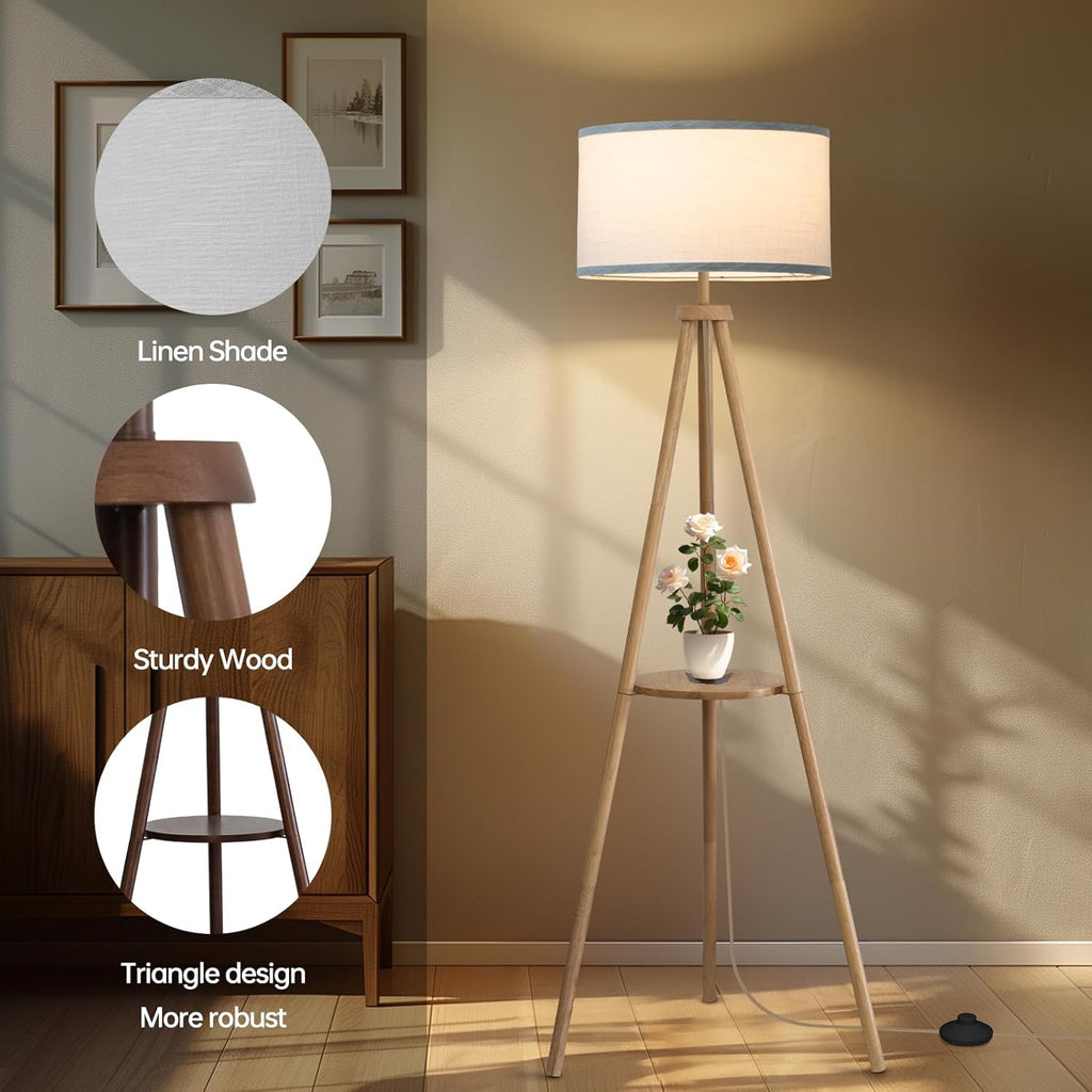 Floor Lamp with 3 Light Modes Adjustable - Wood Tripod Floor Lamp Modern LED Standing Lamp with Dimmable Brightness, Burlywood