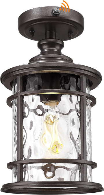 12.4" Outdoor Ceiling Light Flush Mount, Dusk to Dawn Semi Flush Light Fixture in Oil Rubbed Bronze Finish for Entryway, Water Ripple Glass, XE229F PC ORB-WG