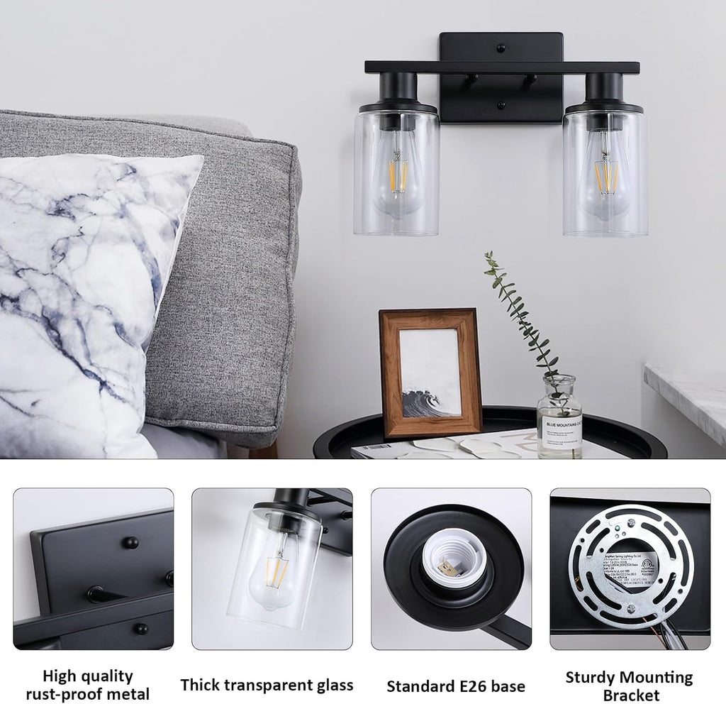 2-Light Matte Black Bathroom Vanity Light,Bathroom Light Fixtures Over Mirror with Clear Glass Shade,Modern Farmhouse