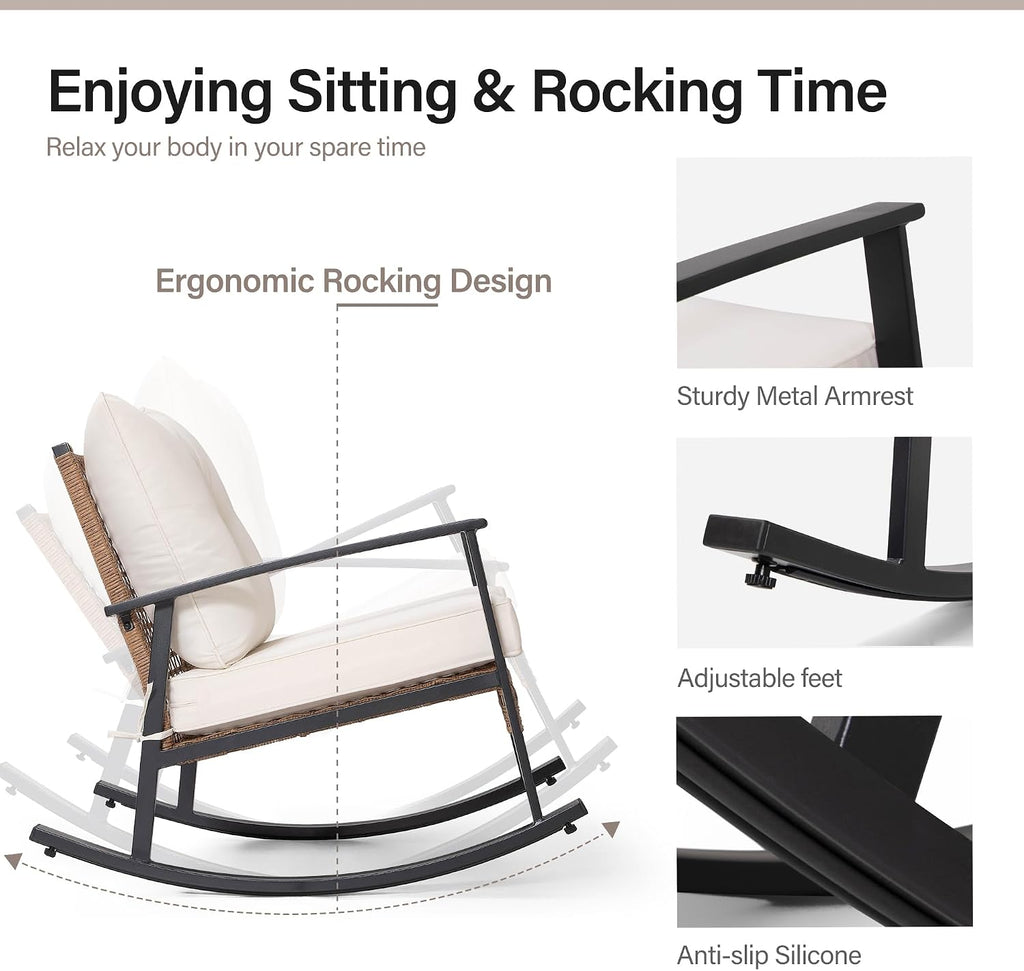 Outdoor Wicker Rocking Chair, Oversized Patio Chair Comfy Rocker Chair with Thick Cushion, Modern Cozy Lounge Chair