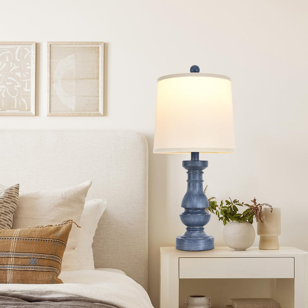 2 Pack Distressed Blue Resin Table Lamps, 22" Rustic Farmhouse Bedside Lamps with White Fabric Shades Living Room