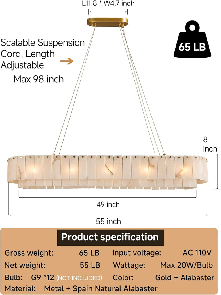 Alabaster Chandelier Rectangle,Modern Dining Room Chandeliers,Spanish Marble Pendant Light Fixture for Living Room,Kitchen Island,L55 inchs,12-Lights G9
