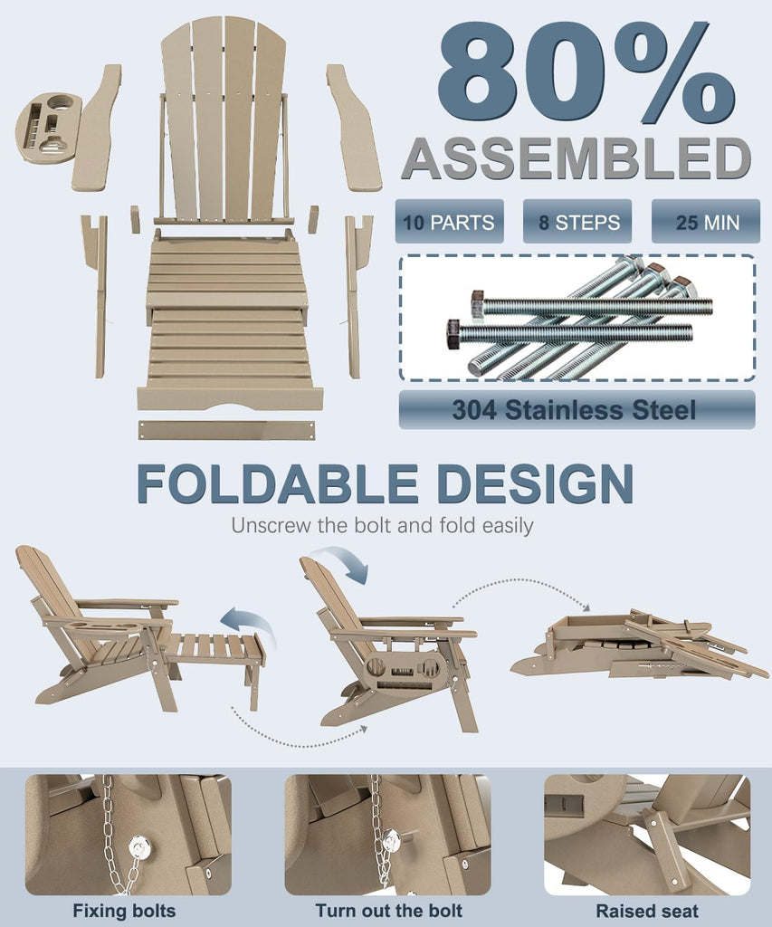 Adjustable Adirondack Chair Set of 2 with Retractable Ottoman, Brown | Folding HDPE Chair with Multifunctional Cup