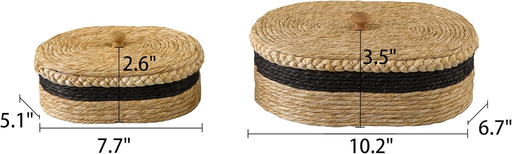 Set of 2 Woven Basket with Lid, Oval Decorative Storage Rattan Box for Shelf Decor/Organization, Boho Jewelry