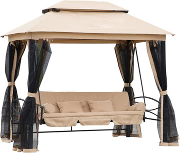 3-Seat Patio Swing Chair, Outdoor Gazebo Swing with Double Tier Canopy, Mesh Sidewalls, Cushioned Seat and Pillows