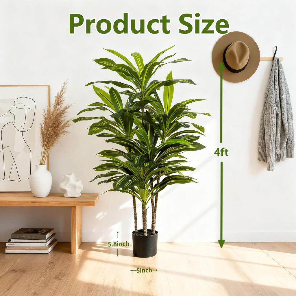 4ft Dracaena Artificial Plant - Large Tropical Indoor Fake Tree with Lifelike Leaves - Tall Faux Floor Plant in Pot