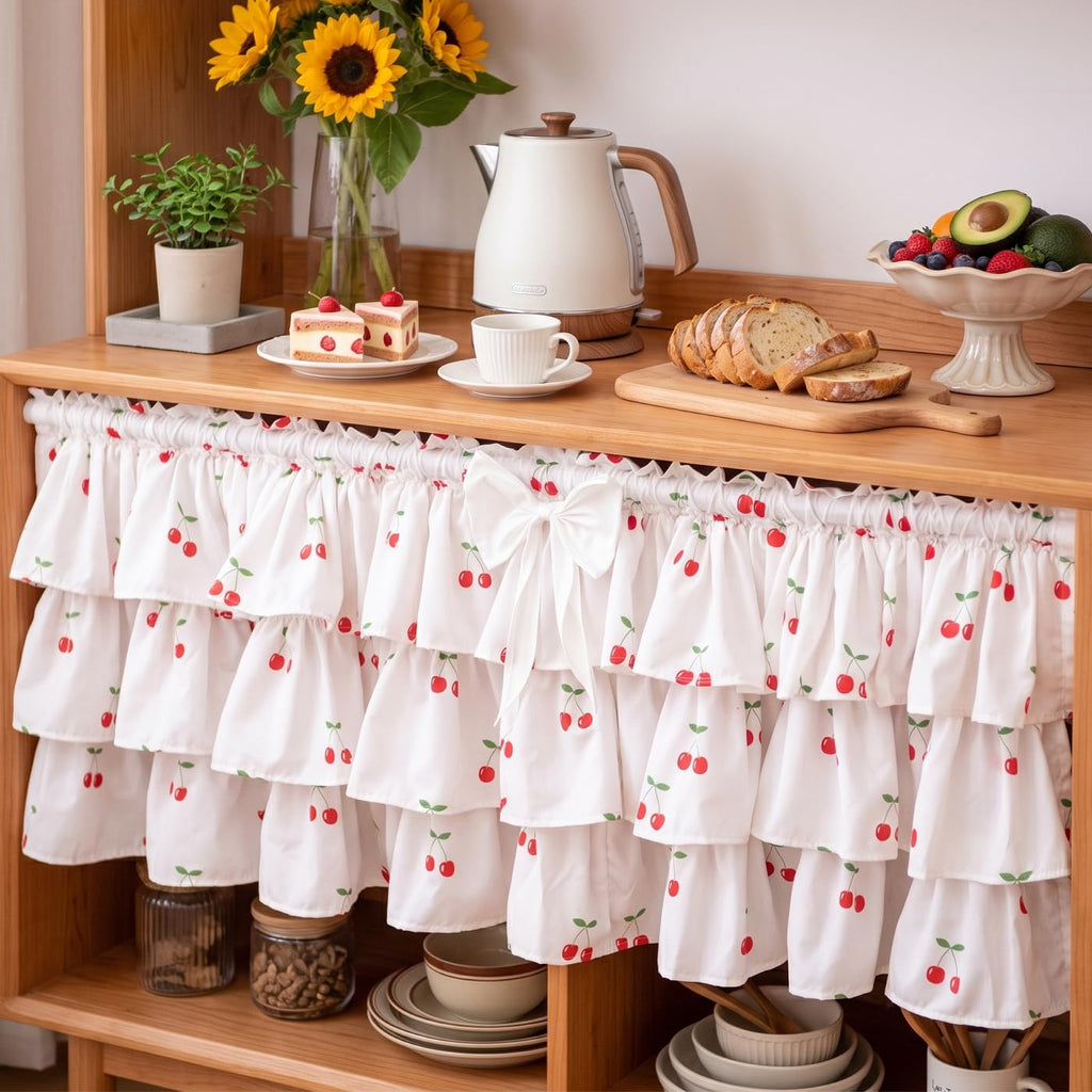 White Ruffled Valance for Small Window Red Cherry Print 52W x 18L 1PC