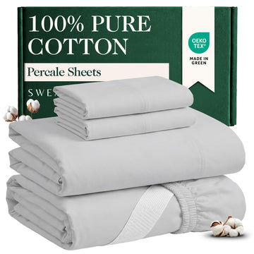 100% Cotton Percale Sheets King Size, Cool & Crisp, 4 Pcs, Light Grey